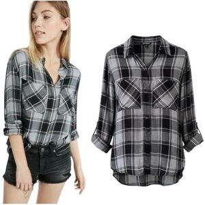 NEW Express Black, Pink and White Plaid Oversized Button Down Long Sleeve Shirt